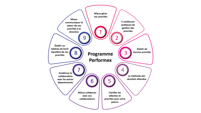 Programme Performex. 1. Mieux gérer vos priorités. 2. Les 5 meilleures pratiques de gestion des priorités. 3. Établir de bonnes priorités. 4. La méthode des résultats attendus. 5. Clarifier les attentes et priorités de votre patron. 6. Mieux collaborer avec vos collaborateurs. 7. Améliorer la collaboration avec les autres départements. 8. Établir un tableau de bord équilibré de vos priorités. 9. Mieux communiquer la valeur de vos priorités à la direction.